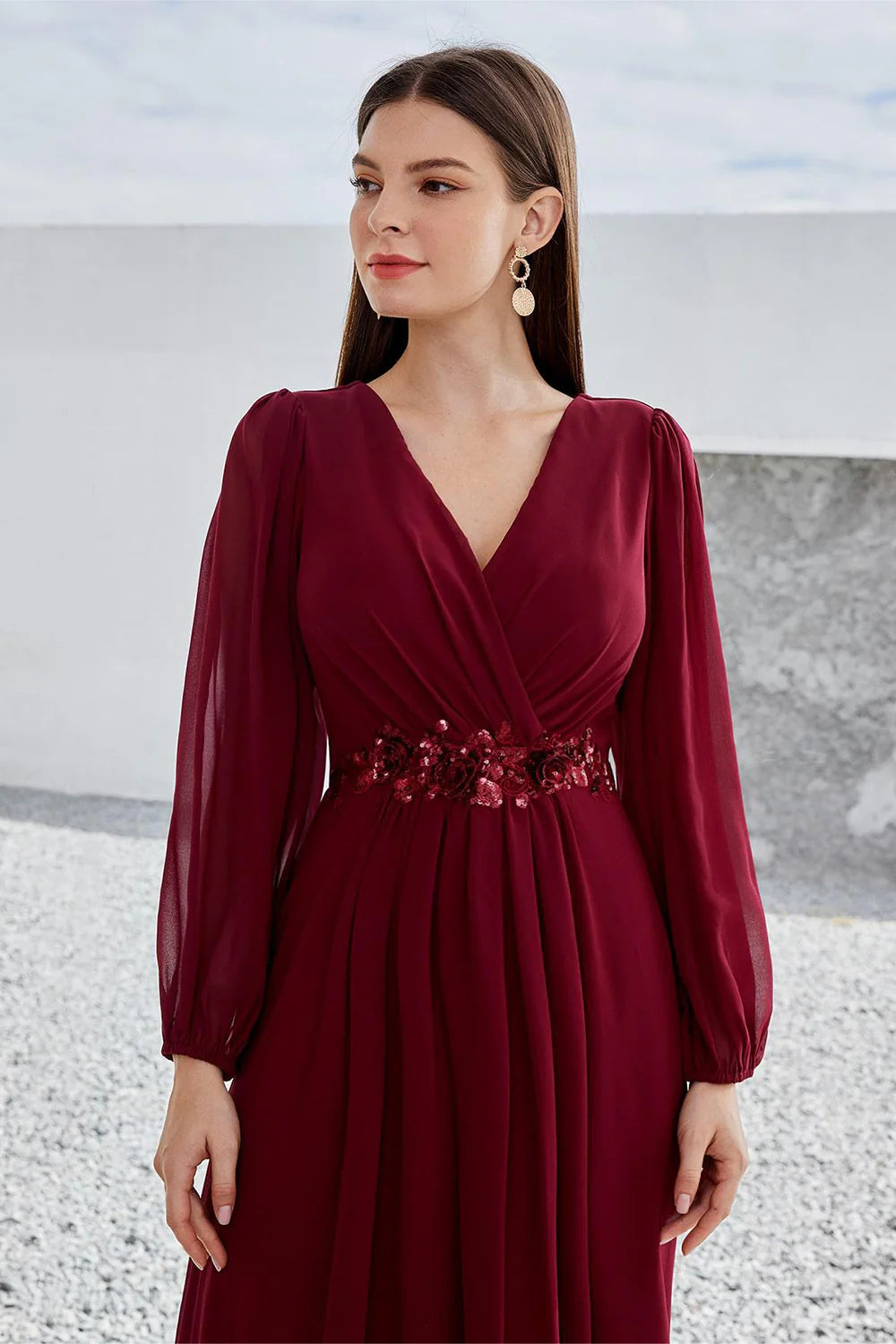 Refined Dusty Mauve Chiffon A-Line V-Neck Long Sleeve Beaded Waist Maxi Mother of the Bride Dresses