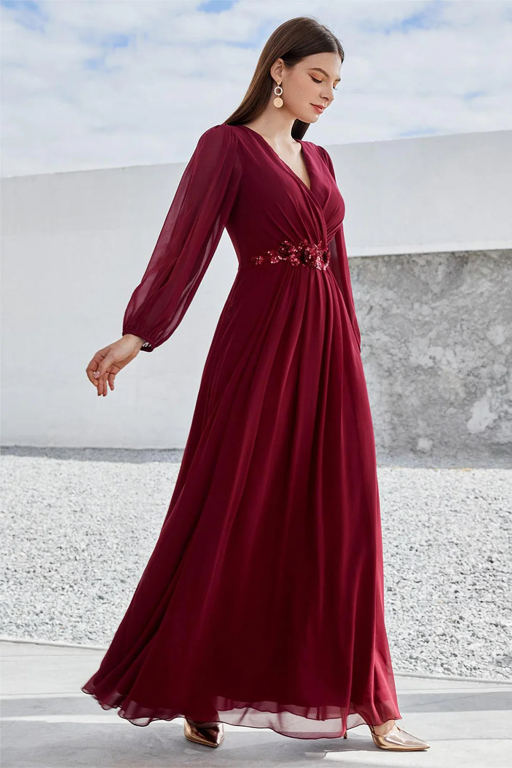 Refined Dusty Mauve Chiffon A-Line V-Neck Long Sleeve Beaded Waist Maxi Mother of the Bride Dresses