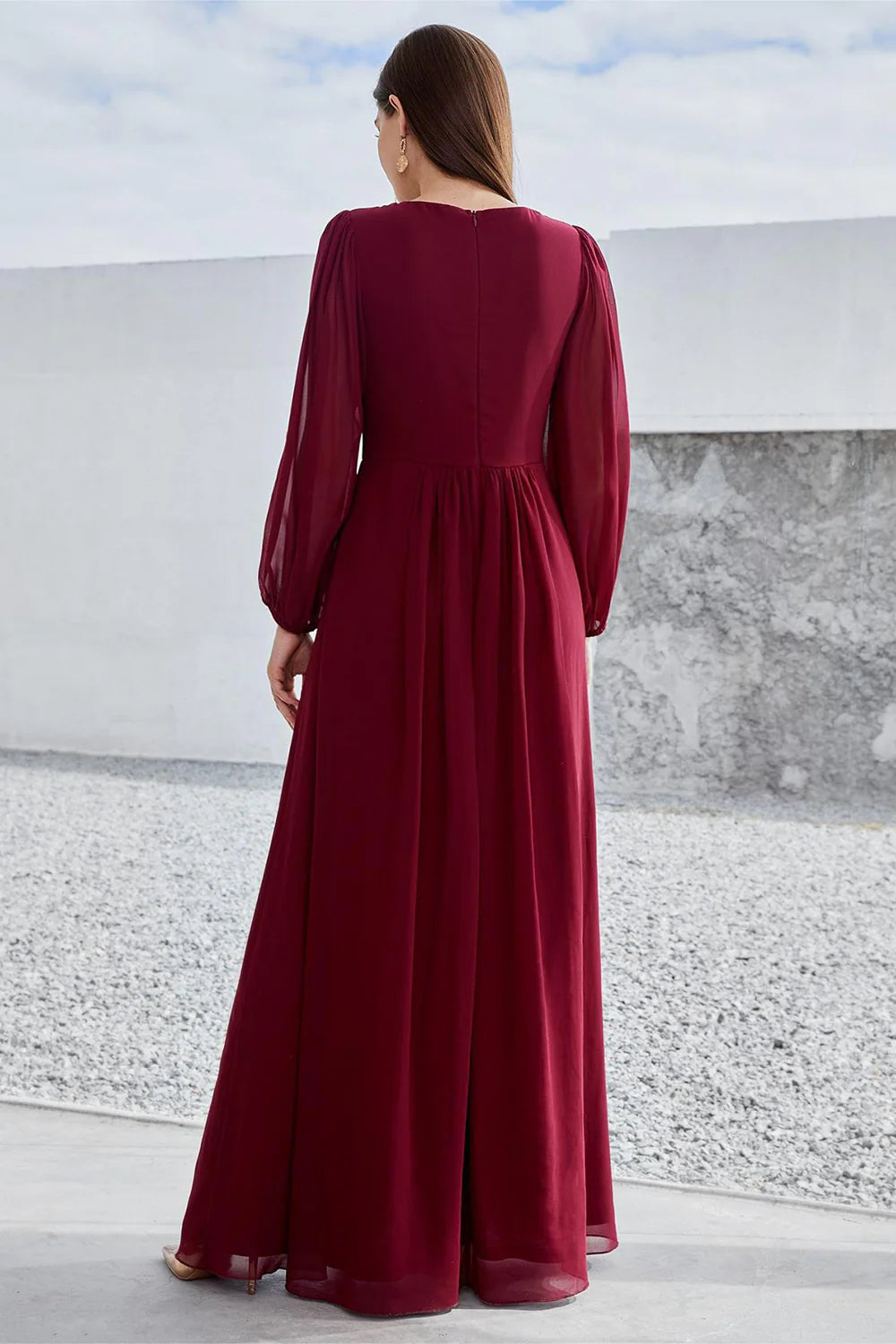 Refined Dusty Mauve Chiffon A-Line V-Neck Long Sleeve Beaded Waist Maxi Mother of the Bride Dresses