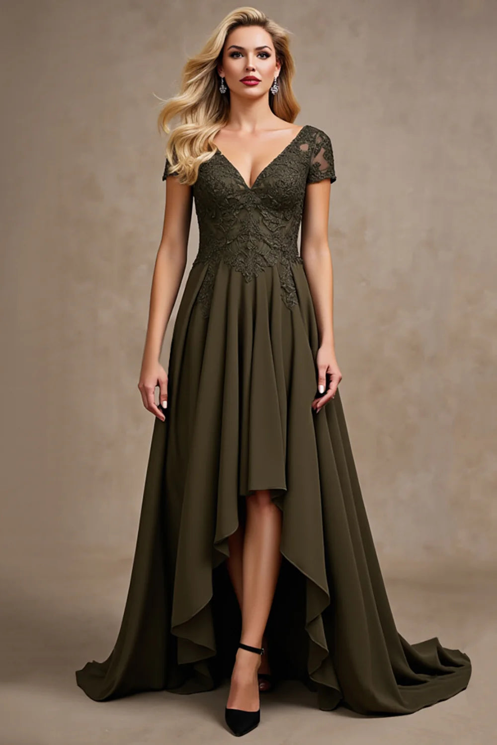 Refined Lace-Bodice Chiffon A-Line V-Neck Short-Sleeve High-Low Mother of the Bride Dress