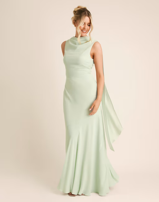 Refined Mermaid High-Neck Sleeveless Cape-Back Floor-Length Bridesmaid Dress