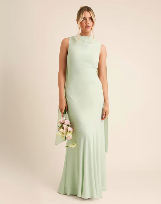 Refined Mermaid High-Neck Sleeveless Cape-Back Floor-Length Bridesmaid Dress