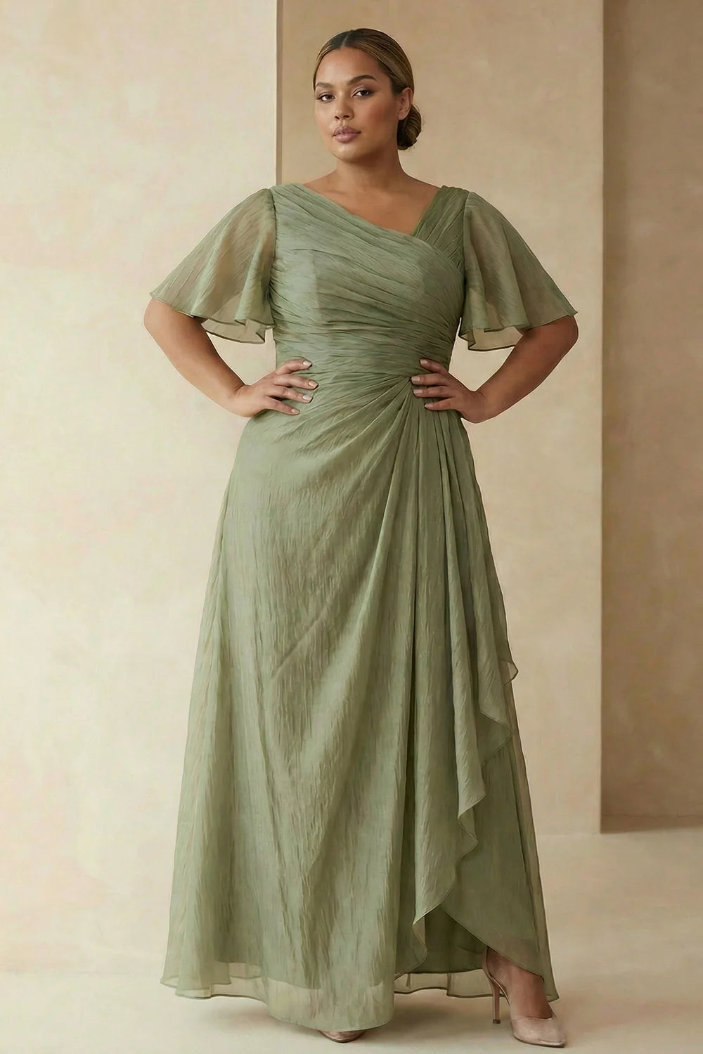 Refined Sage Chiffon A-Line Asymmetrical Neck Flutter Sleeve Back Zip Maxi Mother of the Bride Dresses