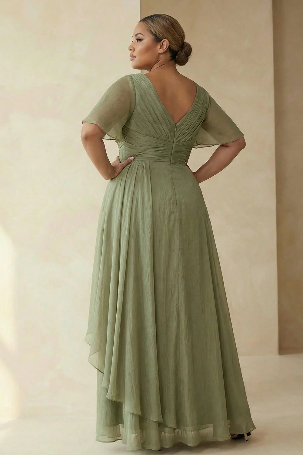 Refined Sage Chiffon A-Line Asymmetrical Neck Flutter Sleeve Back Zip Maxi Mother of the Bride Dresses