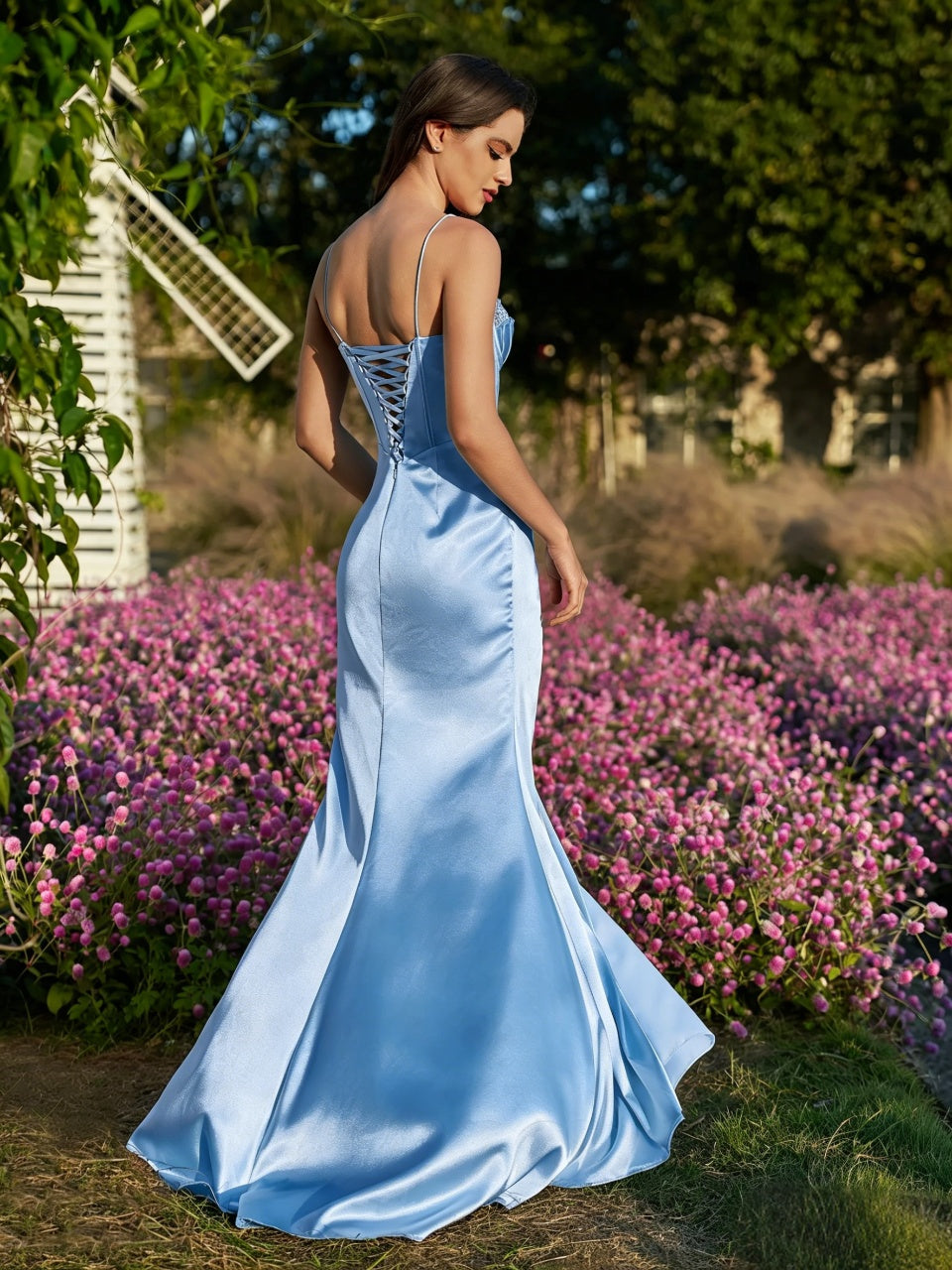 Regal Beaded-Corset Satin Mermaid Lace-Up Floor Length Evening Dress