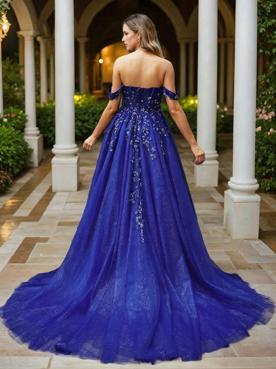 Regal Blue Glitter Tulle Ball Gown Off-the-Shoulder Slit Floor Length Evening Dress