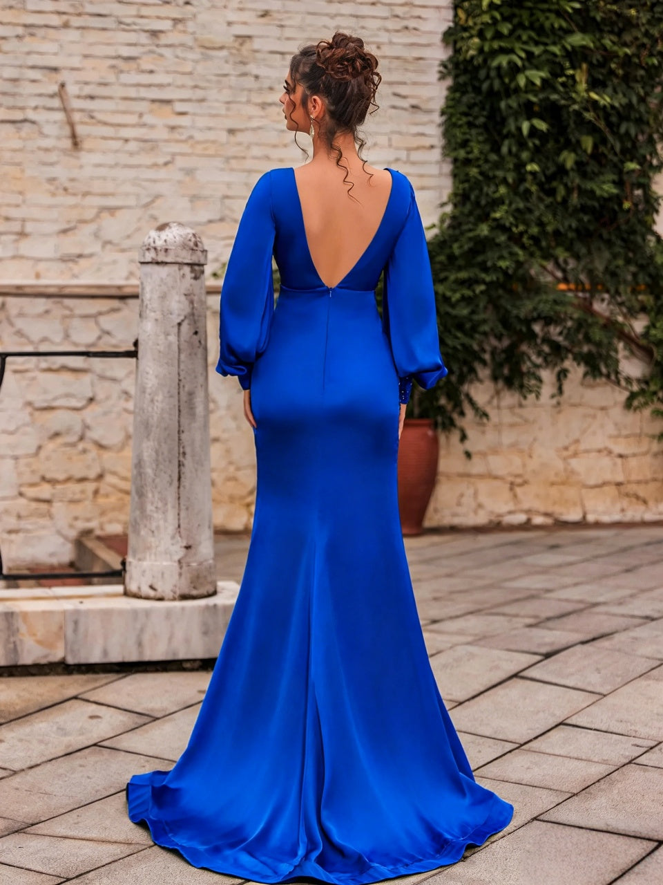 Regal Blue Satin Mermaid V-Neck Split Sleeves Open Back Slit Floor Length Evening Dress
