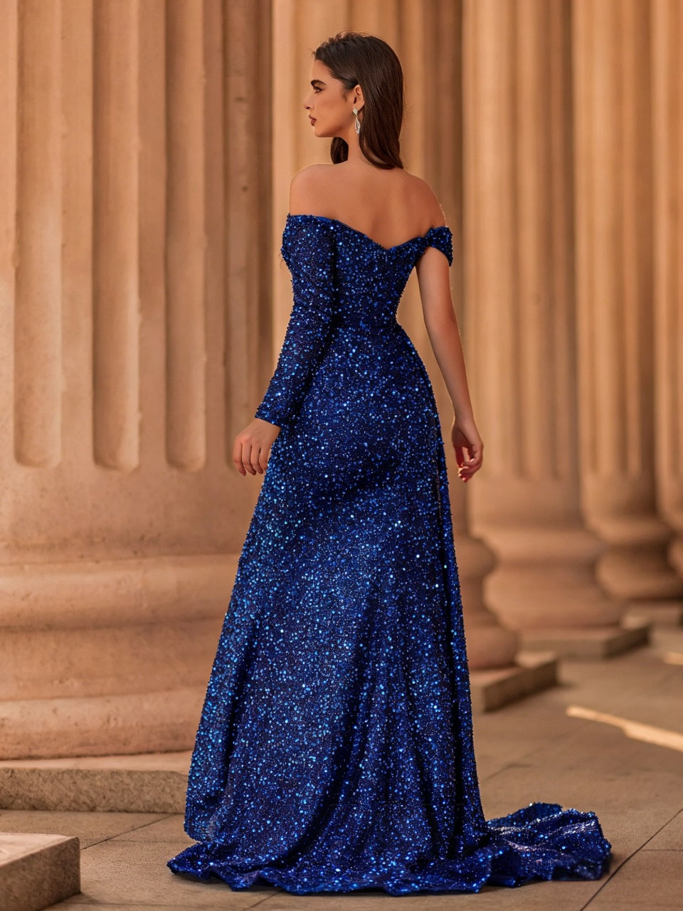 Regal Blue Sequin Mermaid Off-the-Shoulder Asymmetric Sleeve Slit Floor Length Evening Dress