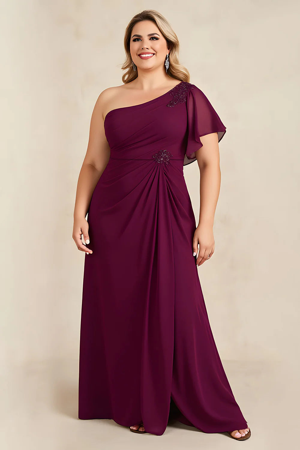 Regal Chiffon A-Line One-Shoulder Ruffled-Sleeve Beaded Floor Length Mother of the Bride Dress