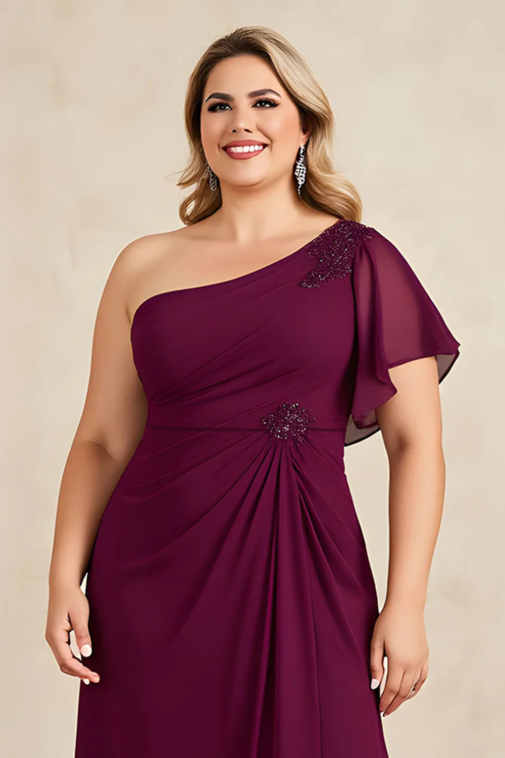 Regal Chiffon A-Line One-Shoulder Ruffled-Sleeve Beaded Floor Length Mother of the Bride Dress