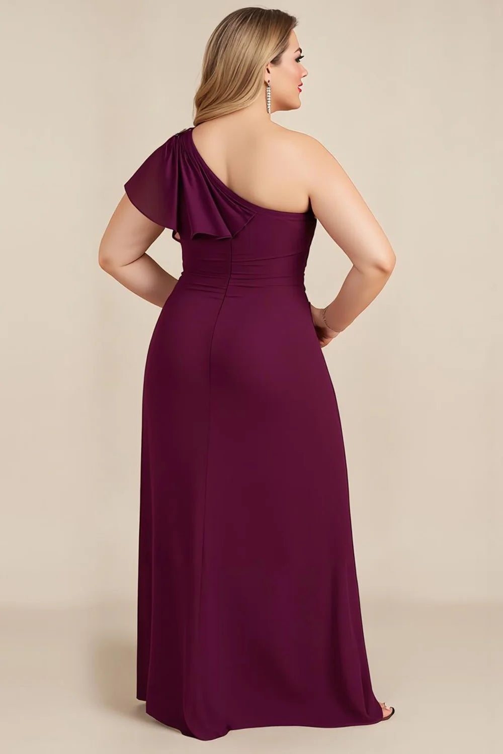 Regal Chiffon A-Line One-Shoulder Ruffled-Sleeve Beaded Floor Length Mother of the Bride Dress