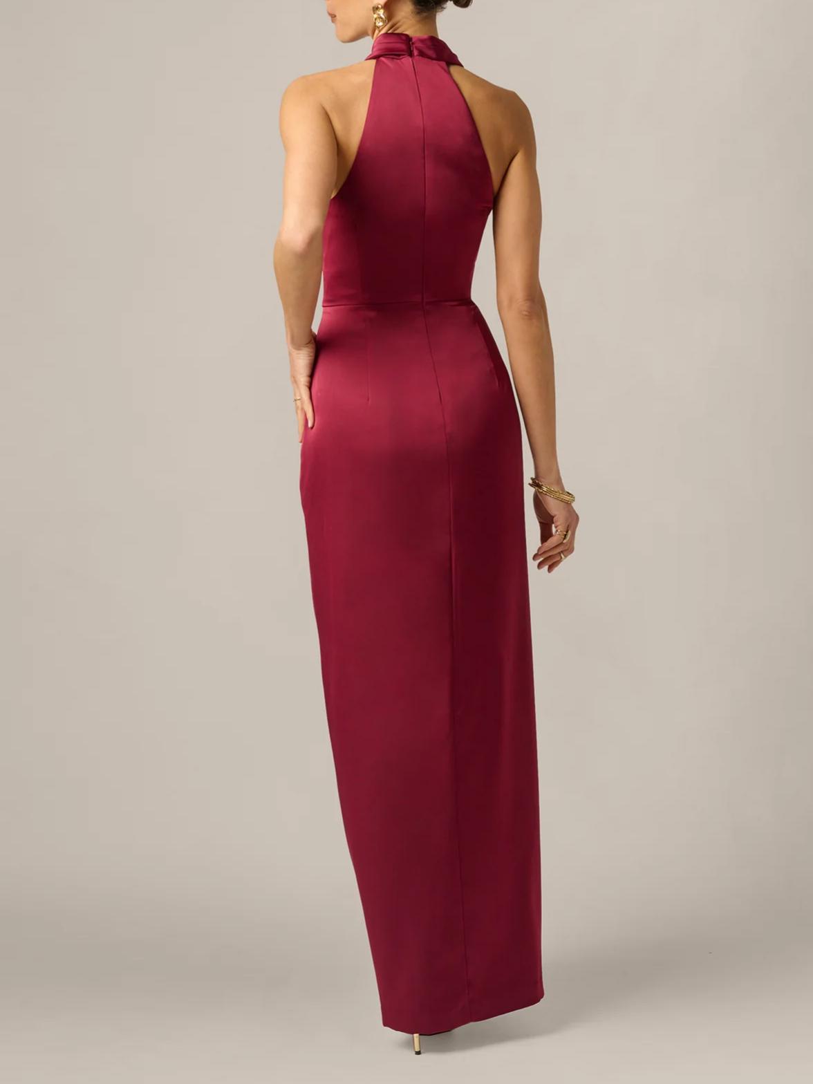 Regal Column Halter-Neck Sleeveless Zipper-Back Floor-Length Satin Evening Dress