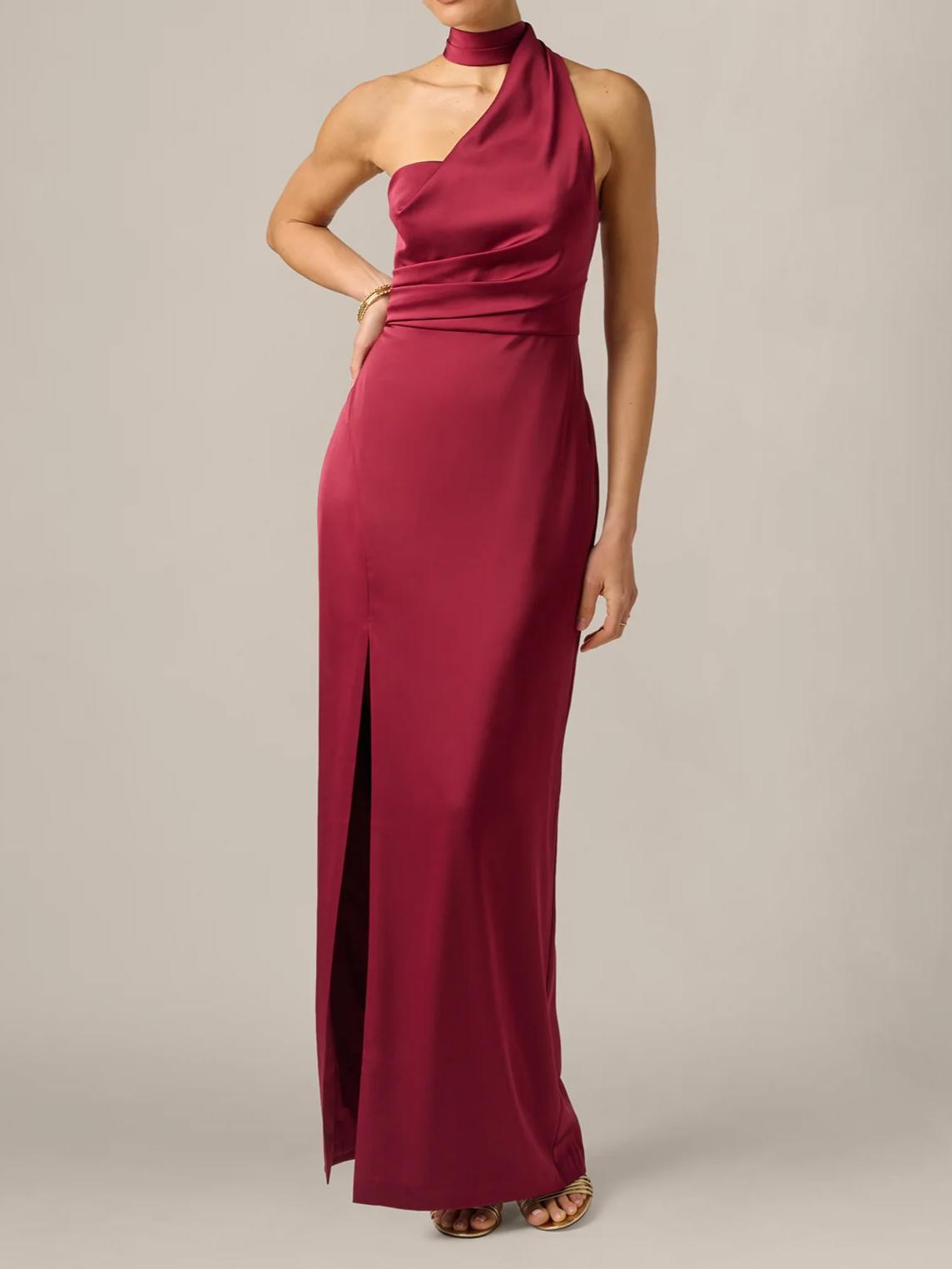 Regal Column Halter-Neck Sleeveless Zipper-Back Floor-Length Satin Evening Dress