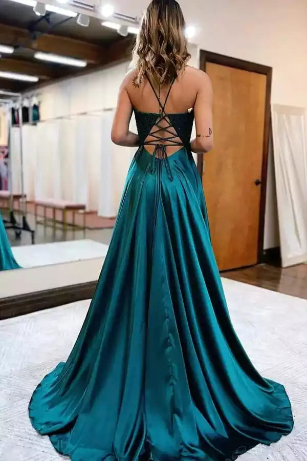 Regal Emerald Green Satin A-Line Prom Gown with Lace Bodice & Lace-Up Back