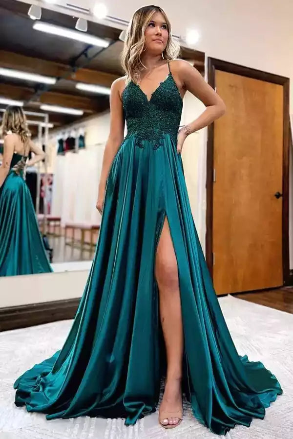 Regal Emerald Green Satin A-Line Prom Gown with Lace Bodice & Lace-Up Back