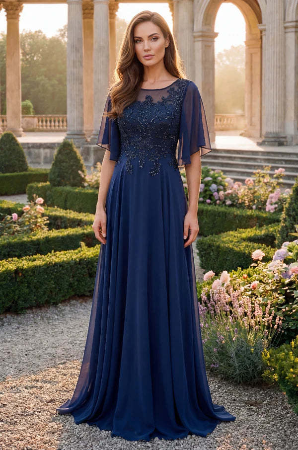 Regal Lace-Appliqued Chiffon A-Line Round-Neck Flutter-Sleeve Floor Length Mother of the Bride Dress
