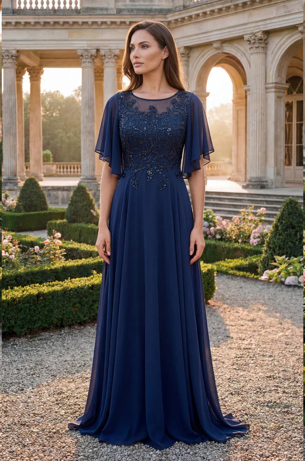 Regal Lace-Appliqued Chiffon A-Line Round-Neck Flutter-Sleeve Floor Length Mother of the Bride Dress