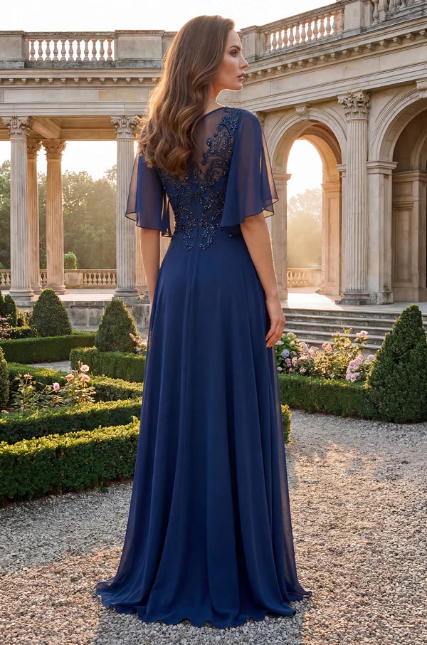 Regal Lace-Appliqued Chiffon A-Line Round-Neck Flutter-Sleeve Floor Length Mother of the Bride Dress