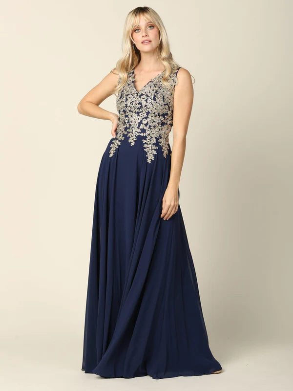 Regal Lace-Appliqued Chiffon A-Line V-Neck Sleeveless Floor Length Mother of the Bride Dress