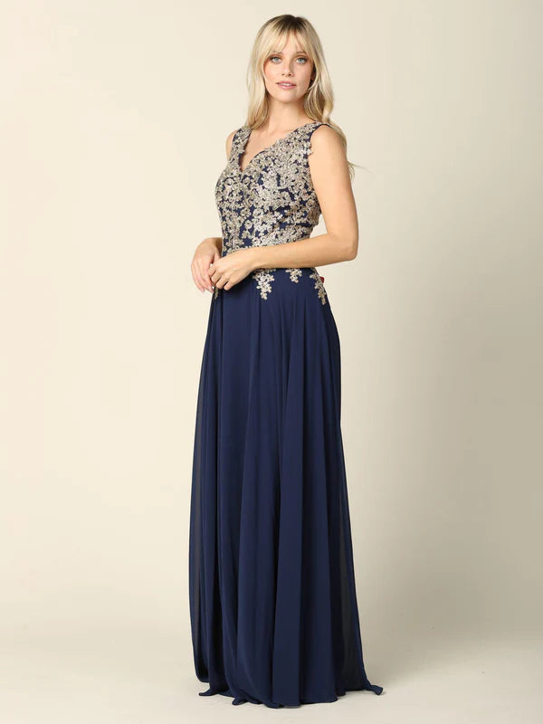 Regal Lace-Appliqued Chiffon A-Line V-Neck Sleeveless Floor Length Mother of the Bride Dress