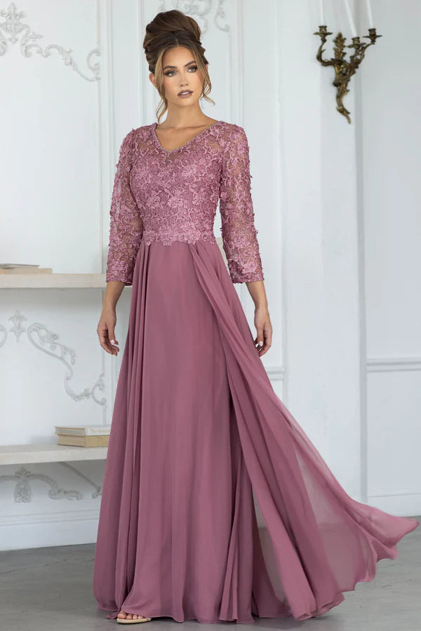 Regal Lace-Appliqued Chiffon A-Line V-Neck Three-Quarter-Sleeve Floor Length Mother of the Bride Dress