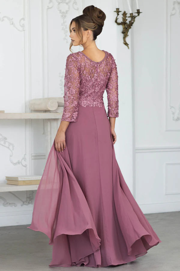 Regal Lace-Appliqued Chiffon A-Line V-Neck Three-Quarter-Sleeve Floor Length Mother of the Bride Dress