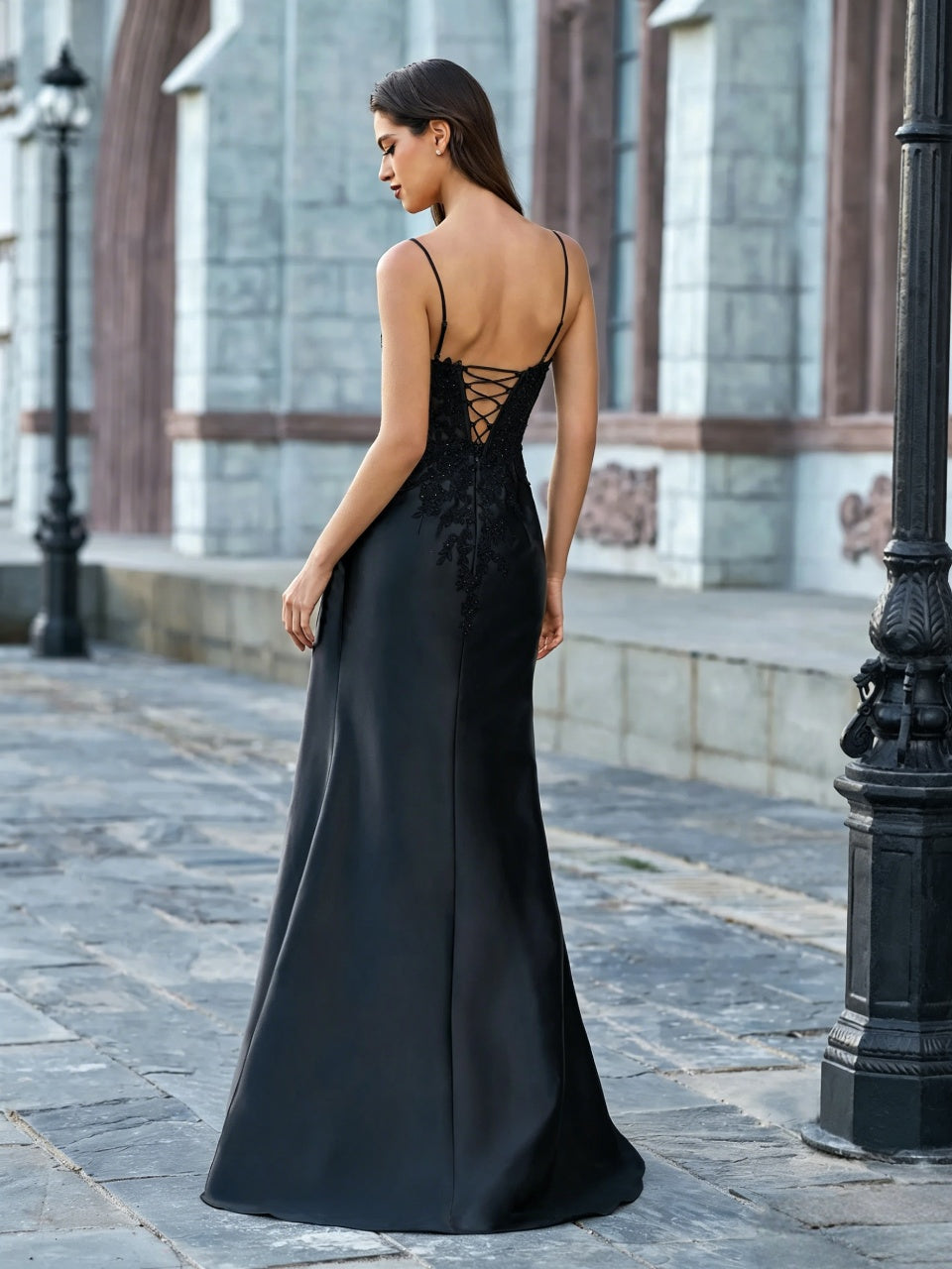 Regal Lace-Appliqued Satin Mermaid Lace-Up Floor Length Evening Dress