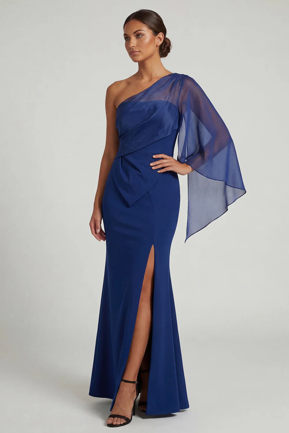 Regal Mermaid Mother of the Bride Dress Asymmetrical Neck Single Chiffon Sleeve Open Back Floor Length