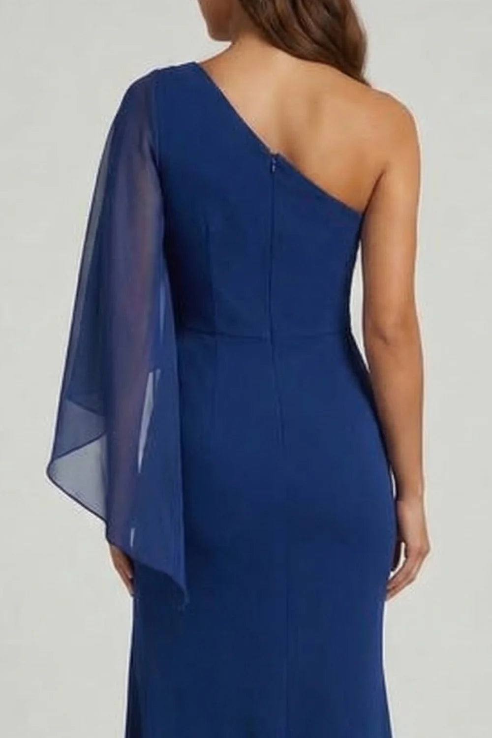 Regal Mermaid Mother of the Bride Dress Asymmetrical Neck Single Chiffon Sleeve Open Back Floor Length