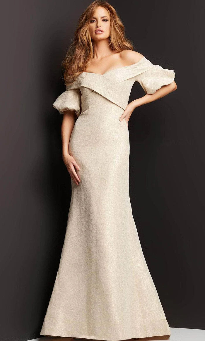 Regal Mermaid Off-the-Shoulder Puffed Sleeve Floor Length Evening Dress
