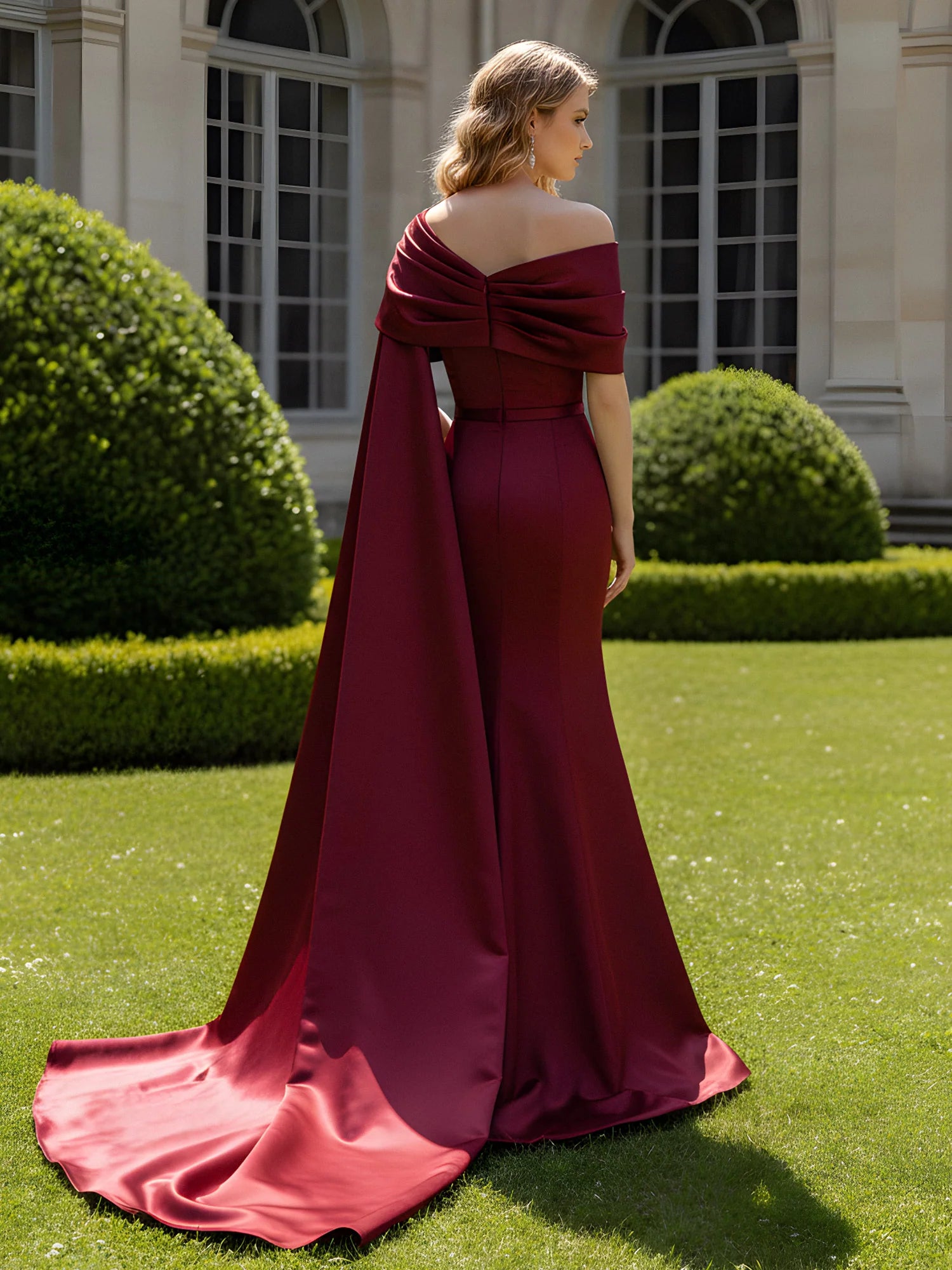 Regal Mermaid Off Shoulder Cape Sleeve Closed Back Floor Length Evening Dresses