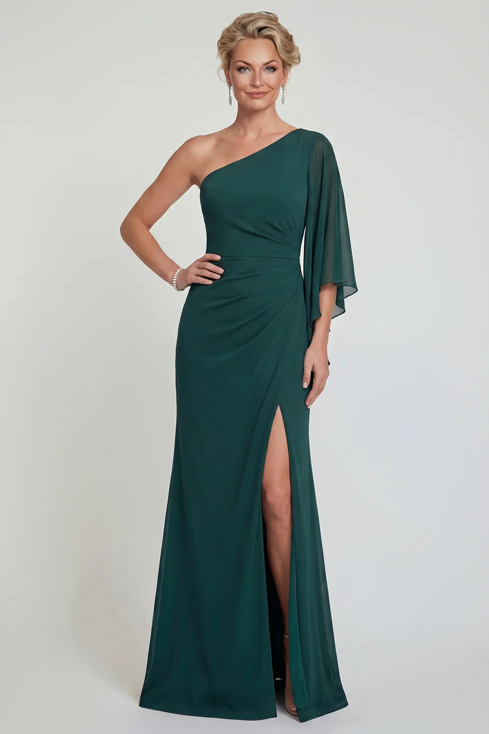 Regal Mermaid One-Shoulder Chiffon-Sleeve Zipper-Back Slit Green Mother of the Bride Dress