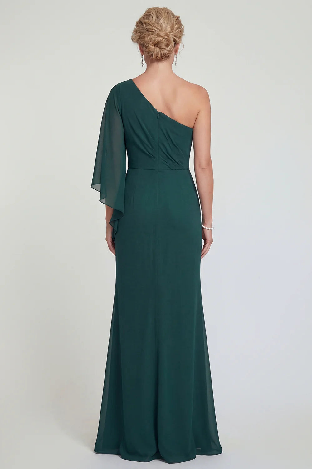 Regal Mermaid One-Shoulder Chiffon-Sleeve Zipper-Back Slit Green Mother of the Bride Dress