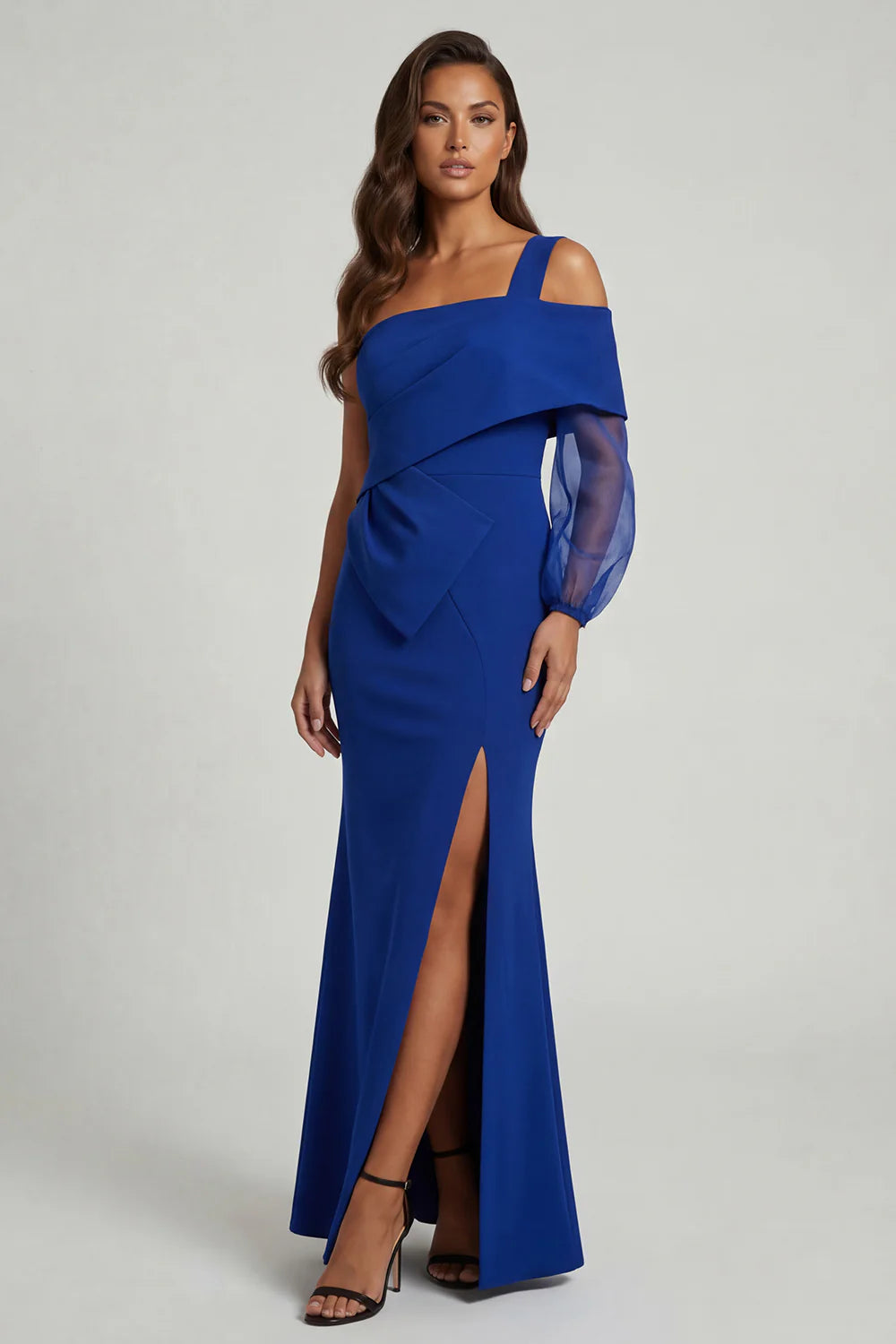 Regal Mermaid One-Shoulder Tulle-Sleeve Zipper-Back Slit Cobalt Mother of the Bride Dress