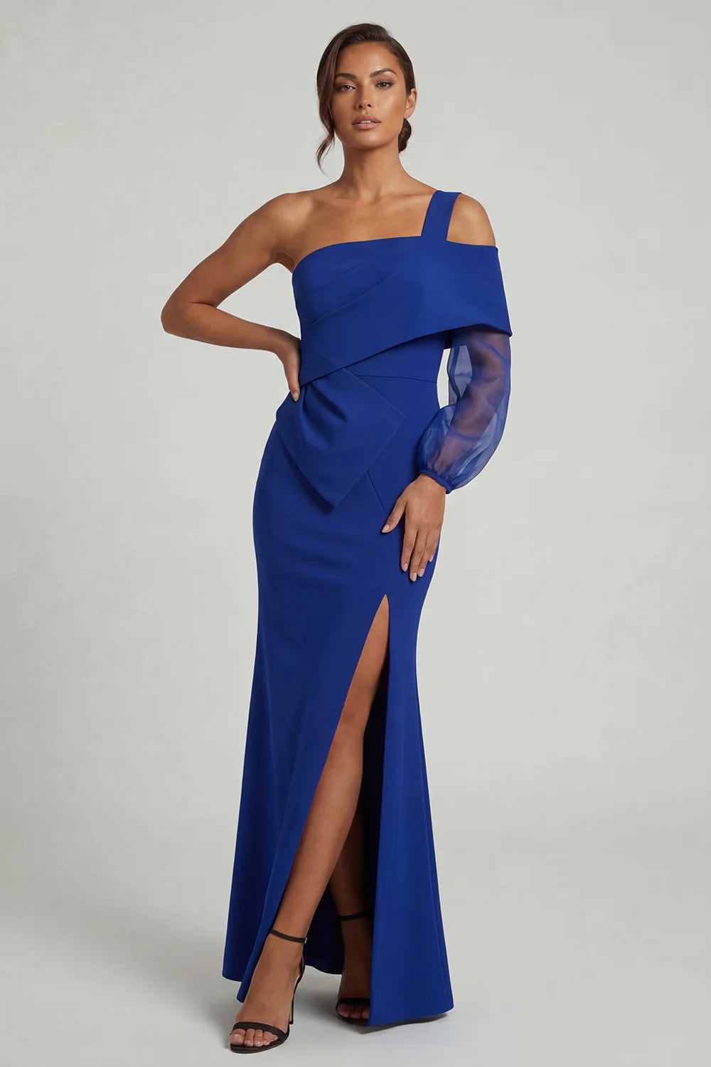 Regal Mermaid One-Shoulder Tulle-Sleeve Zipper-Back Slit Cobalt Mother of the Bride Dress