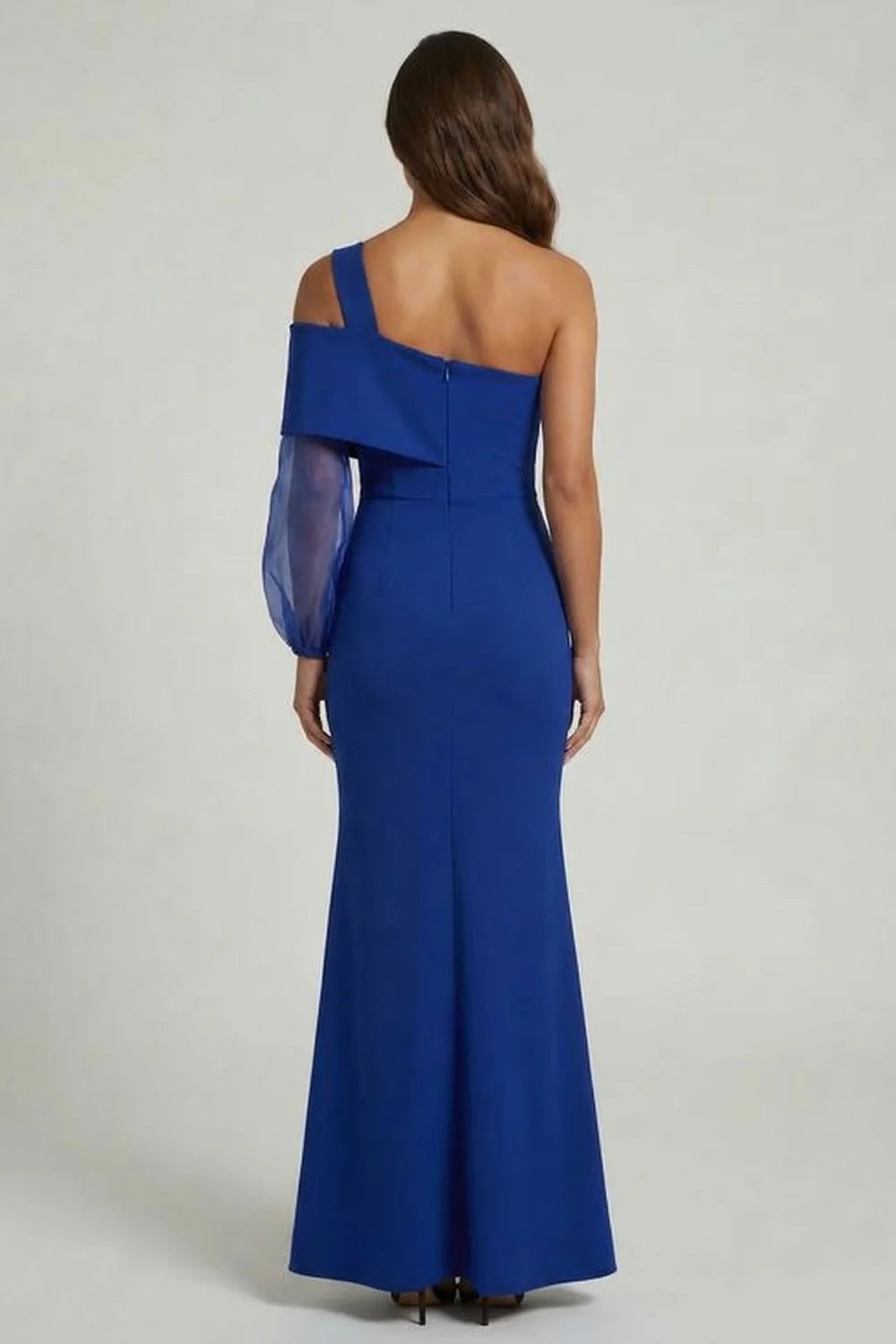 Regal Mermaid One-Shoulder Tulle-Sleeve Zipper-Back Slit Cobalt Mother of the Bride Dress
