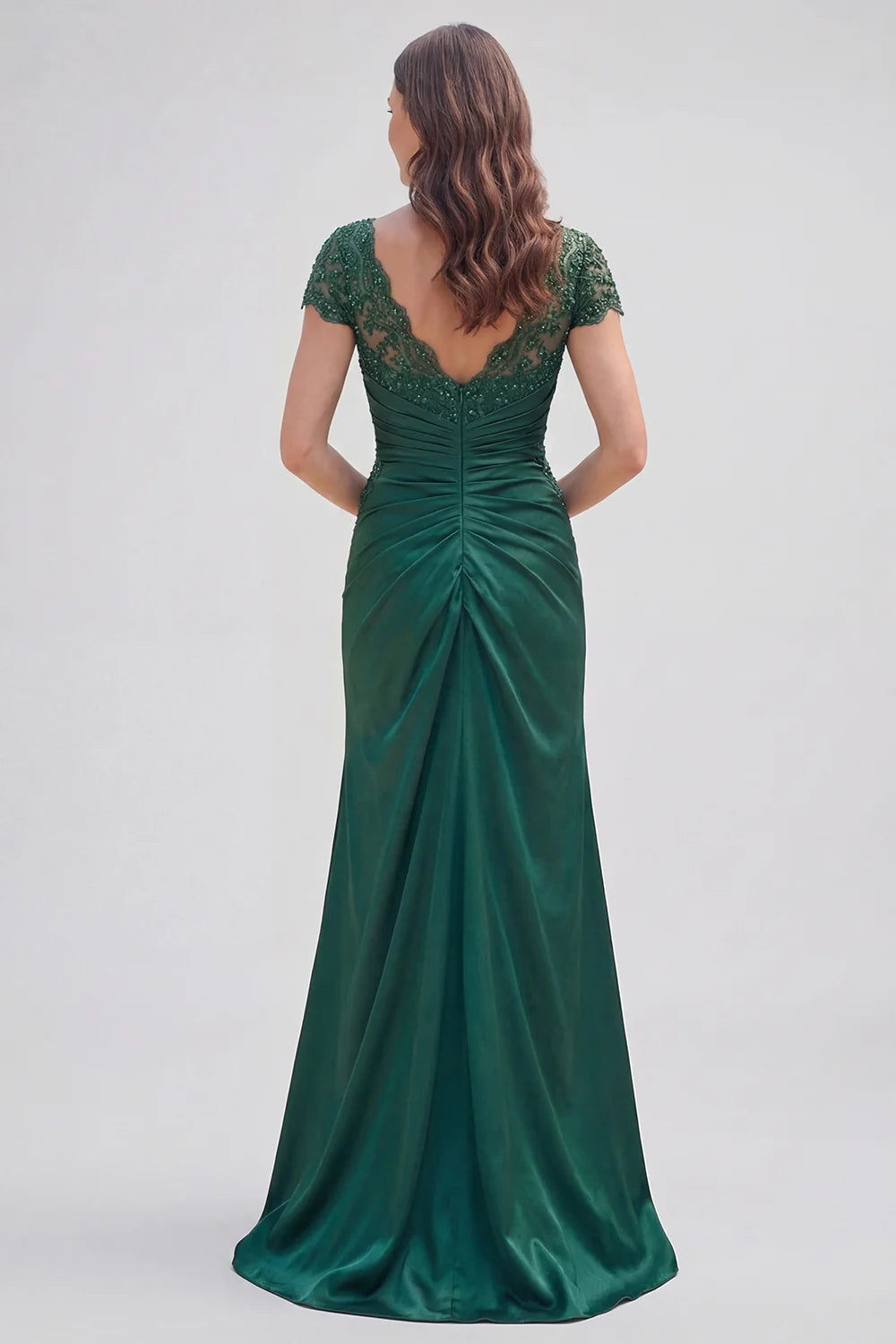 Regal Mermaid V-Neck Lace-Sleeve Beaded Floor-Length Green Mother of the Bride Dress