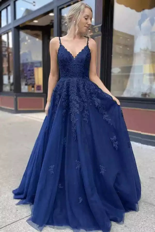 Regal Navy Blue Tulle Ball Gown with Lace Bodice & Lace-Up Back