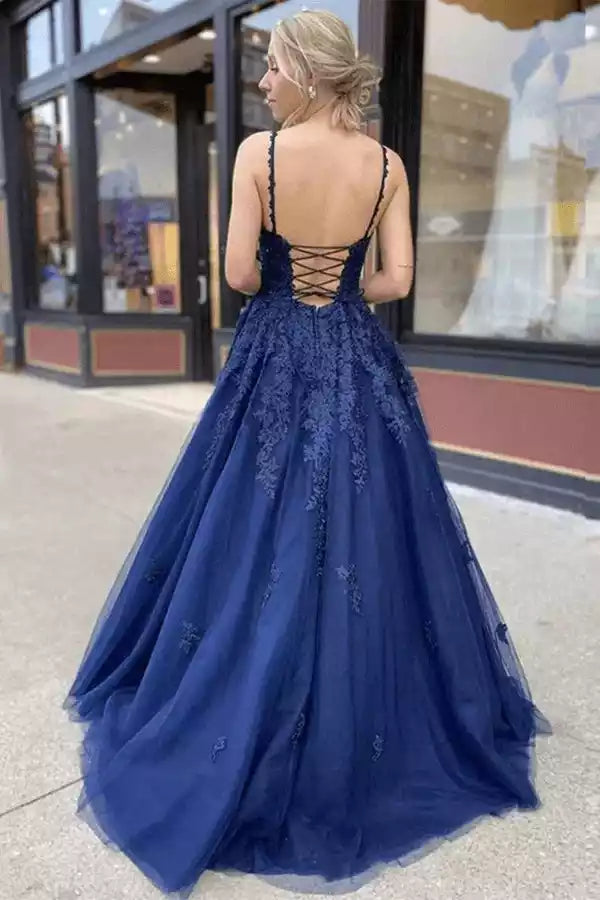 Regal Navy Blue Tulle Ball Gown with Lace Bodice & Lace-Up Back
