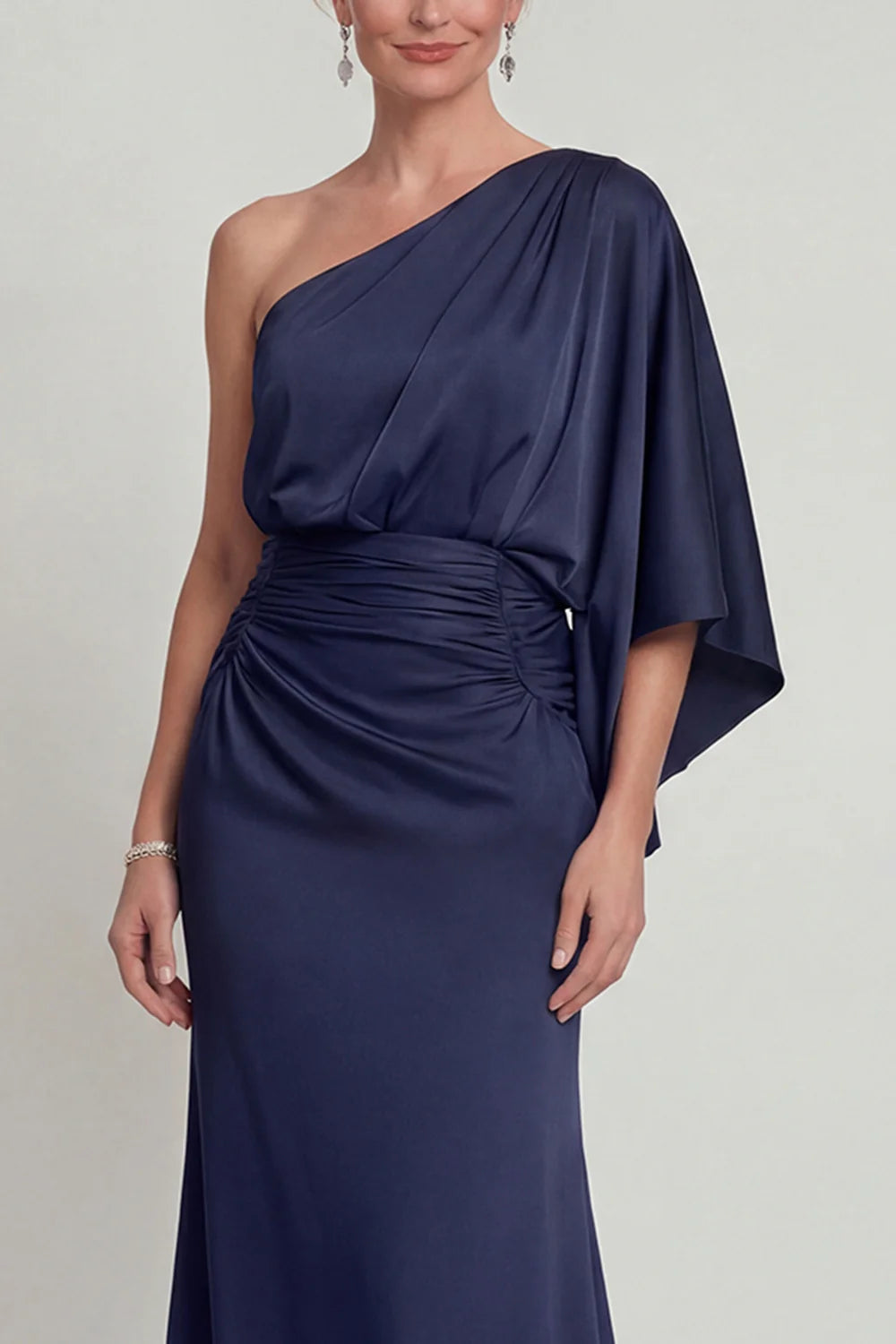 Regal Navy Satin Mermaid One-Shoulder Draped Sleeve Floor Length Mother of the Bride Dress