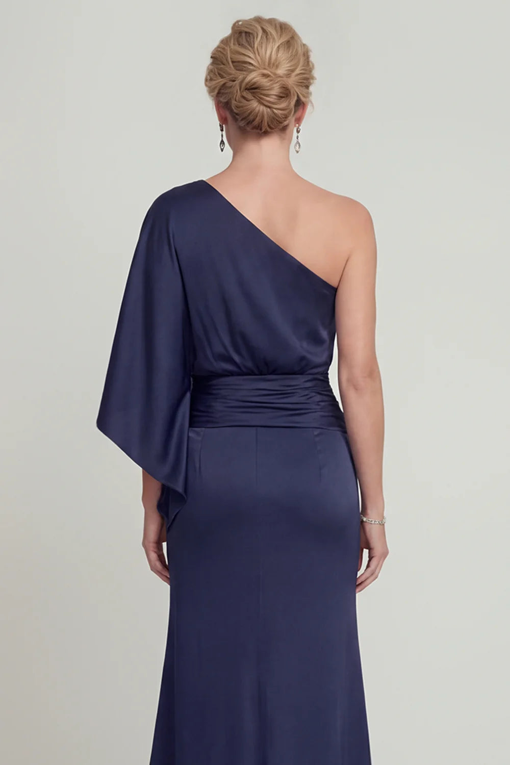 Regal Navy Satin Mermaid One-Shoulder Draped Sleeve Floor Length Mother of the Bride Dress