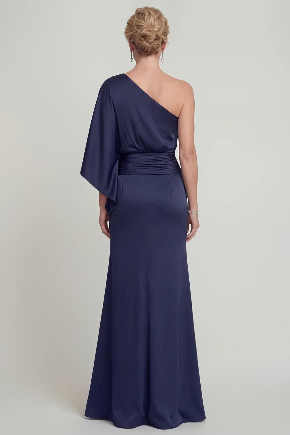 Regal Navy Satin Mermaid One-Shoulder Draped Sleeve Floor Length Mother of the Bride Dress