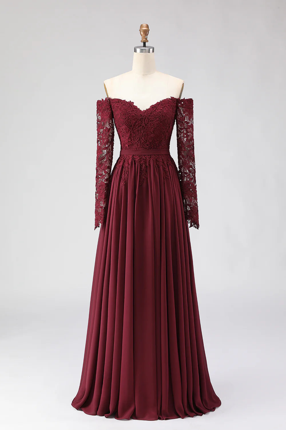 Regal Off-Shoulder Lace Long-Sleeve Chiffon Floor-Length A-Line Mother of the Bride Dress