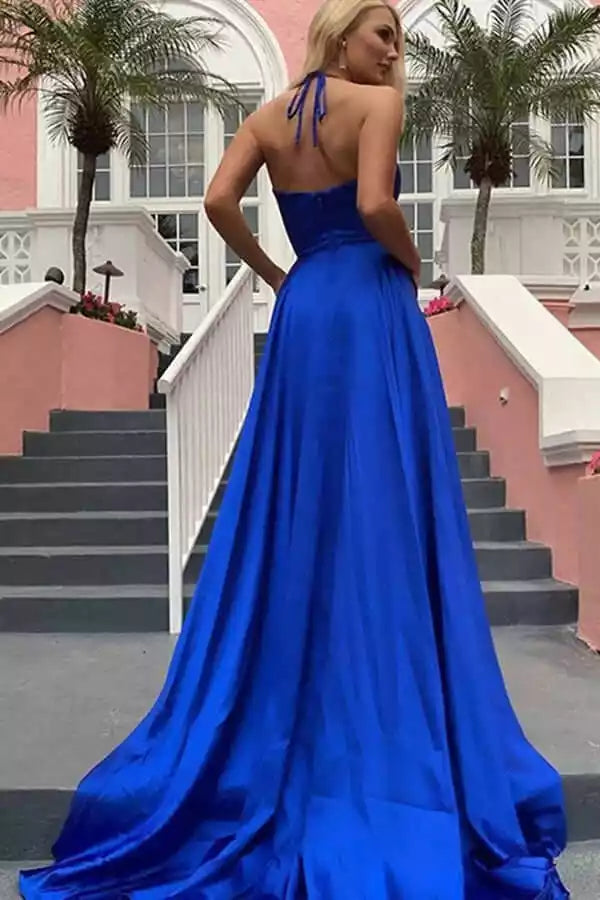 Regal Royal Blue Satin A-Line Gown with Halter Neck & High Slit