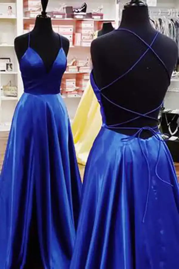 Regal Royal Blue Satin A-Line Prom Gown with Plunge V-Neck & Lace-Up Back