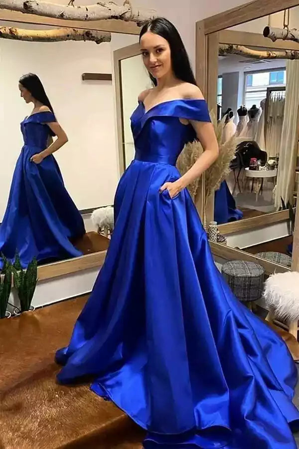 Regal Royal Blue Satin Ball Gown with Off-the-Shoulder Neck & Pockets