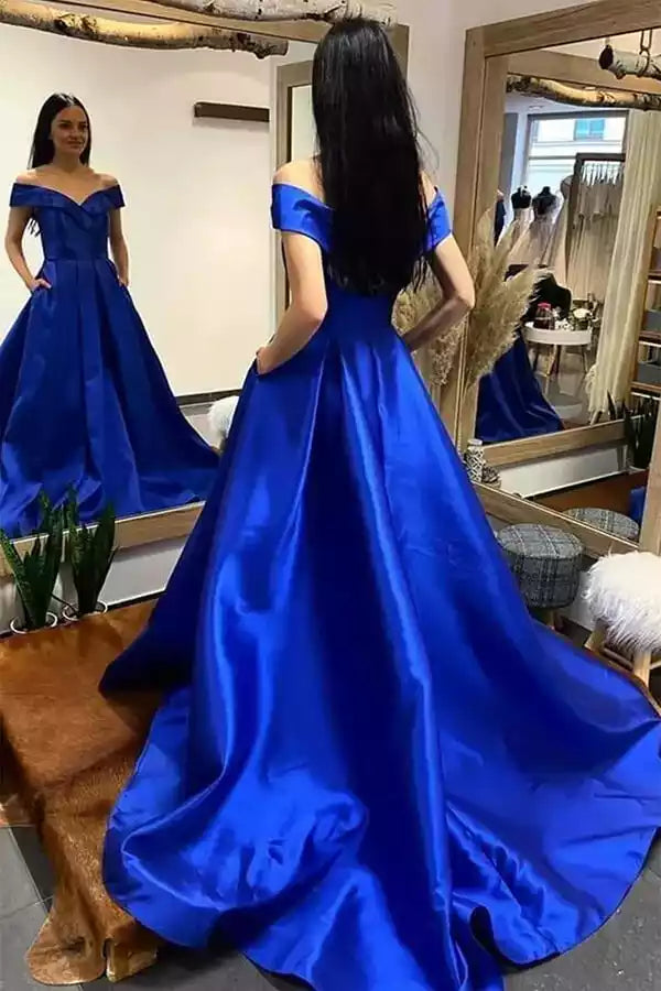 Regal Royal Blue Satin Ball Gown with Off-the-Shoulder Neck & Pockets