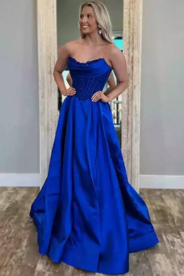 Regal Royal Blue Satin Ball Gown with Strapless Corset Bodice & Train