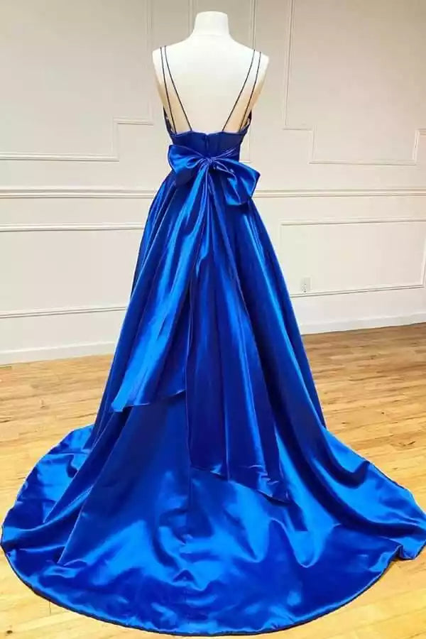 Regal Royal Blue Satin Ball Gown with Sweetheart Neck & Oversized Back Bow