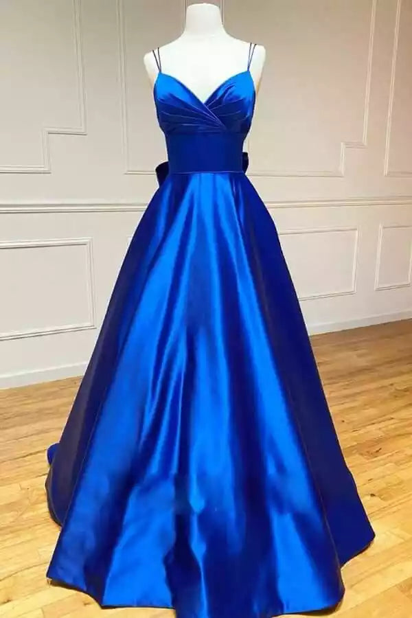 Regal Royal Blue Satin Ball Gown with Sweetheart Neck & Oversized Back Bow